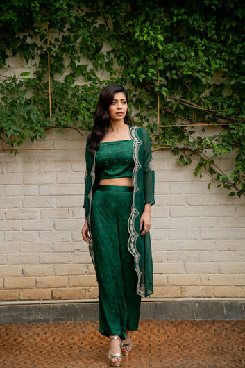 Rooh Cape, Blouse and Pant Set in Emerald