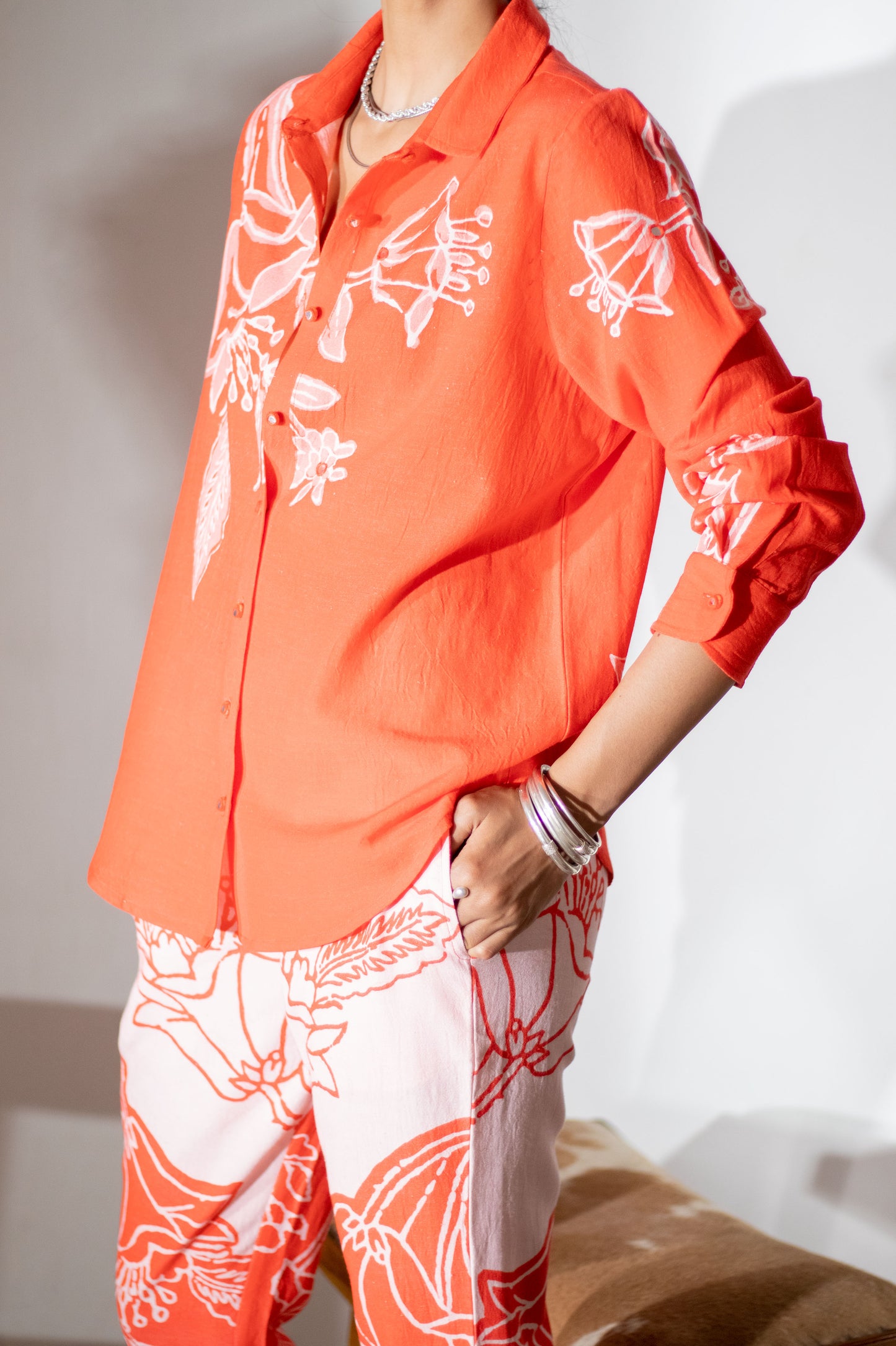 Noor Floral Placement Shirt in Orange